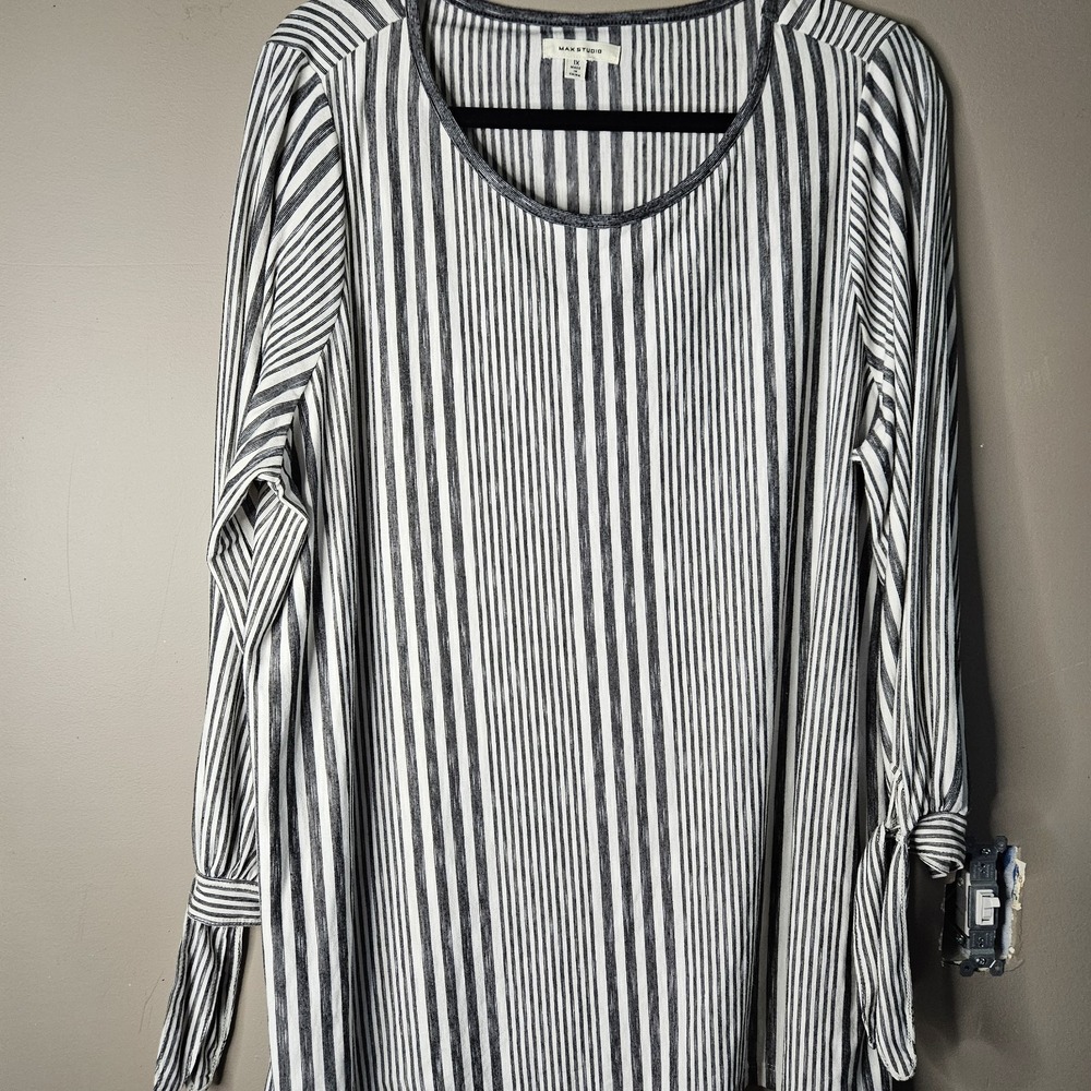 Max Studio Black White Striped Tunic Blouse Scoop Neck 3/4 Sleeve 1X Women